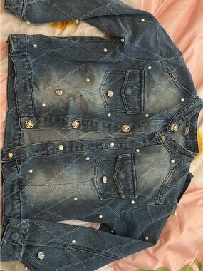 Dark Blue Pearl-Accent girls Denim Jacket
